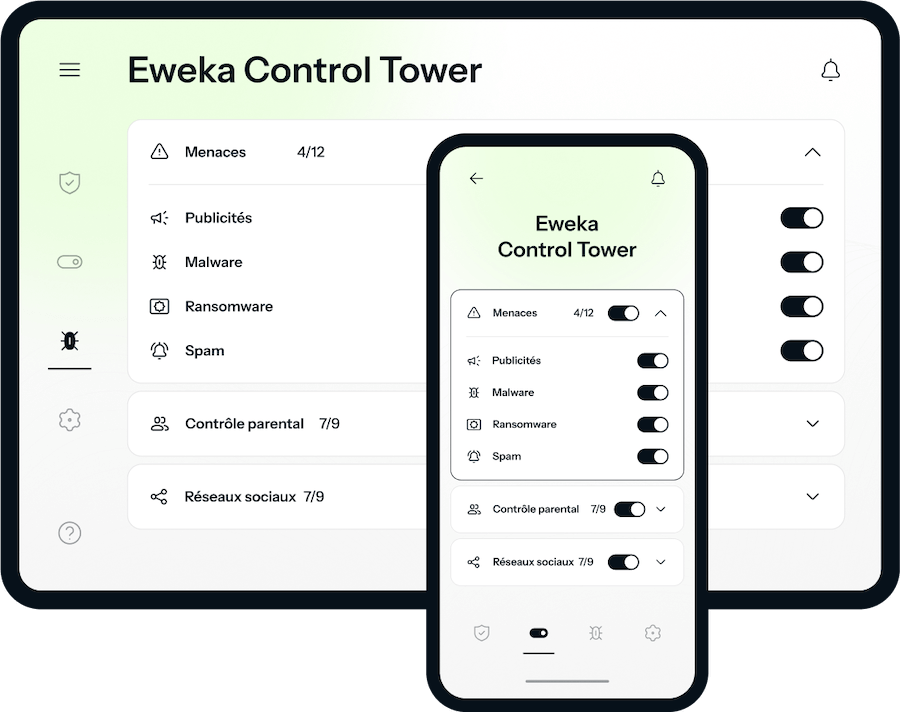 Une tablette et un iPhone affichent la Control Tower d’Eweka, accessible via le VPN d’Eweka, qui est activé et présente différents contrôles pour maximiser la sécurité en ligne.
