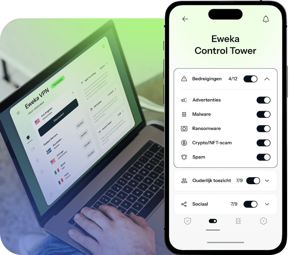 Een laptop en een iPhone staan beide open op de Eweka VPN en tonen de Control Tower-functie die toegang biedt tot premium dreigingsbeschermingsinstellingen, wat voortdurende beveiliging garandeert tegen risico’s zoals malware en phishingaanvallen.