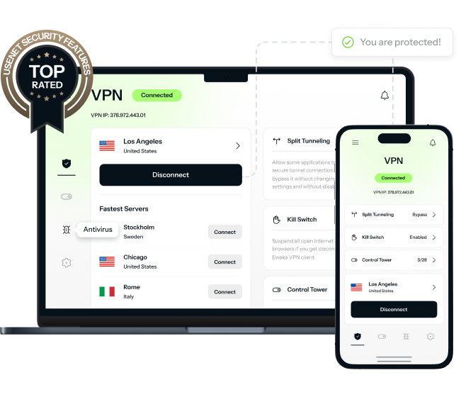 A laptop and an iPhone showing the powerful Eweka VPN connected to a secure server next to an award badge that says, “Top Rated - Usenet Security Features”