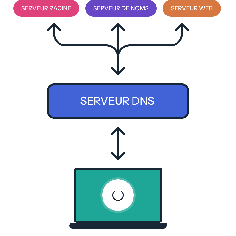 Un schéma montrant les bases des serveurs DNS et leur fonctionnement, avec un serveur racine, un serveur de noms et un serveur web listés en haut, reliés à un serveur DNS en dessous qui est connecté à un ordinateur portable sécurisé et protégé en dessous.