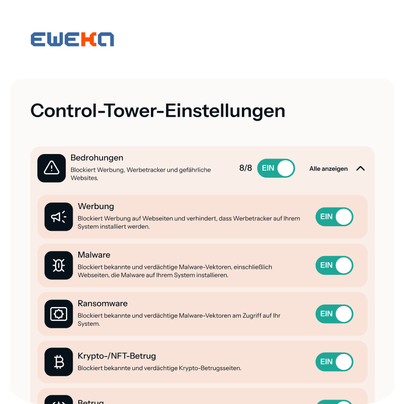 Ein weiterer Screenshot der Control-Tower-Einstellungen in Ewekas sicherem VPN, diesmal mit einer Liste zusätzlicher Optionen unter den Bedrohungsschutzeinstellungen, einschließlich Werbeblockierung, Malware-Stop, Ransomware-Stop und Blockierung von Krypto/NFT-Betrugsmaschen.