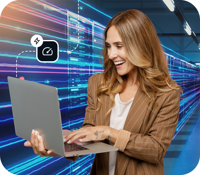 A woman using a laptop stands in a Usenet server room, surrounded by speed lines that indicate the fast speeds offered by Eweka Internet Services.