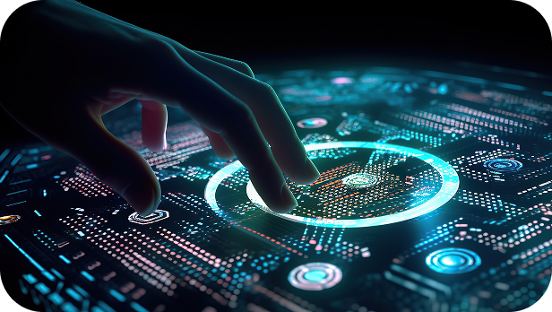 Closeup of a hand pressing a high-tech looking interface with a series of multicolored dots and circles.