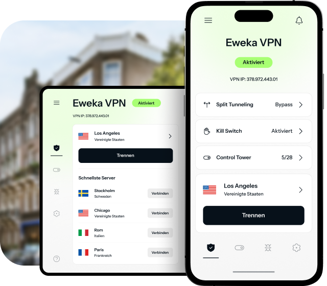 Ein Tablet und ein iPhone sind auf das Eweka VPN geöffnet und zeigen, dass sie dank Funktionen wie Split Tunneling, Kill Switch und Control Tower, das Werbeblockierung und Bedrohungsschutz bietet, verbunden und geschützt sind.