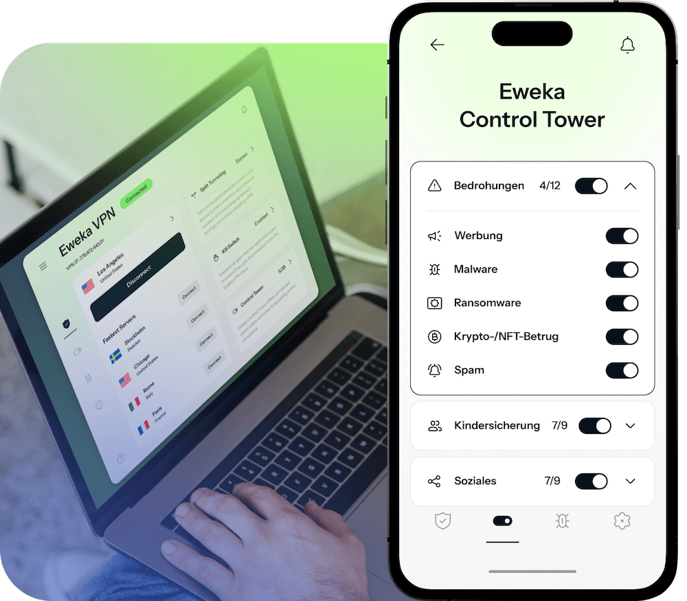 Ein Laptop und ein iPhone sind beide auf das Eweka VPN geöffnet und zeigen die Control-Tower-Funktion, die Zugriff auf Premium-Bedrohungsschutzeinstellungen bietet und fortlaufende Sicherheit gegen Risiken wie Malware und Phishing-Angriffe gewährleistet.