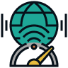 A speedometer is maxed out in front of a graphic of a globe to show Eweka’s fast connection speeds.