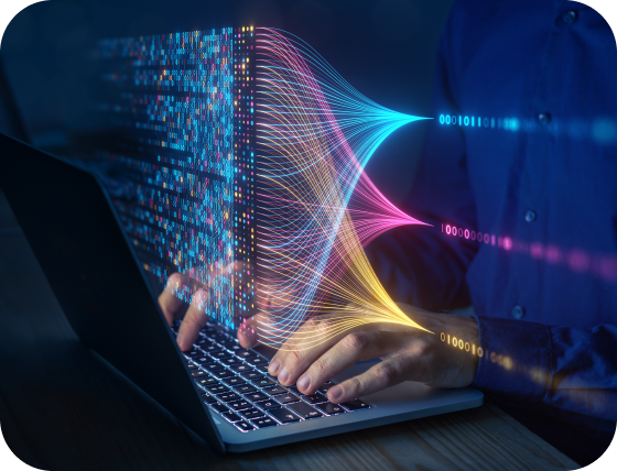 A person types on an open laptop with different lines in various colors across the keyboard, displaying the integrity and strength of Eweka’s Usenet backbone.