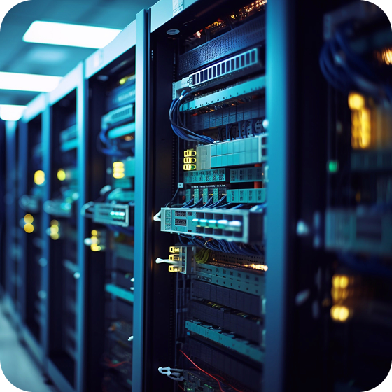 A row of server stacks in a data center.