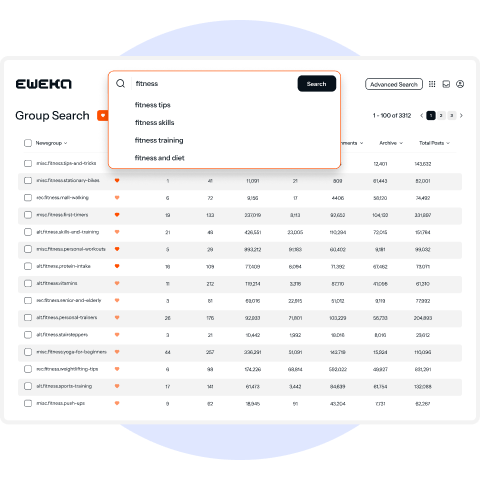 Image of somebody using the Eweka newsreader search function to search for “fitness“ and seeing suggestions such as “fitness tips,“ “fitness skills,“ etc.