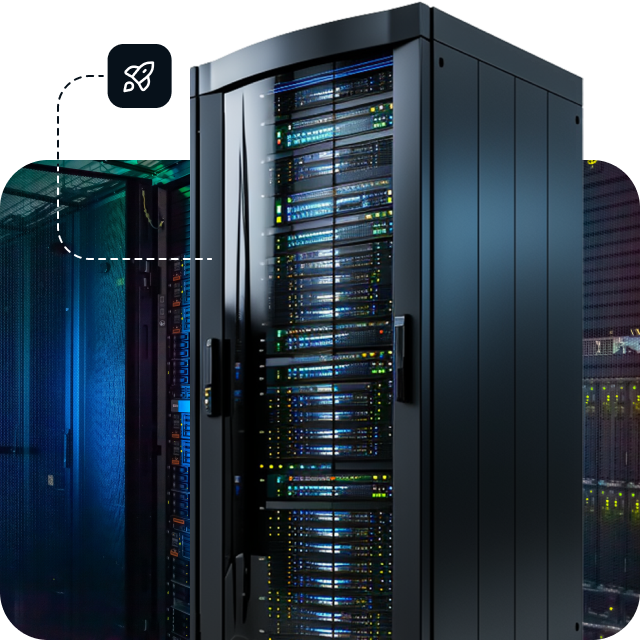 What is Usenet? It's kept on large, server stacks like this black one, which is kept in a climate controlled room. This one has an icon of a rocket ship pointing to it with a dotted line.